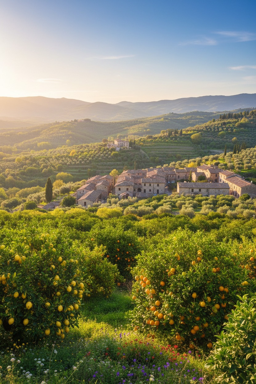 Un borgo di pietra immerso tra colline verdi e alberi da frutto carichi di agrumi sotto una calda luce del tramonto.